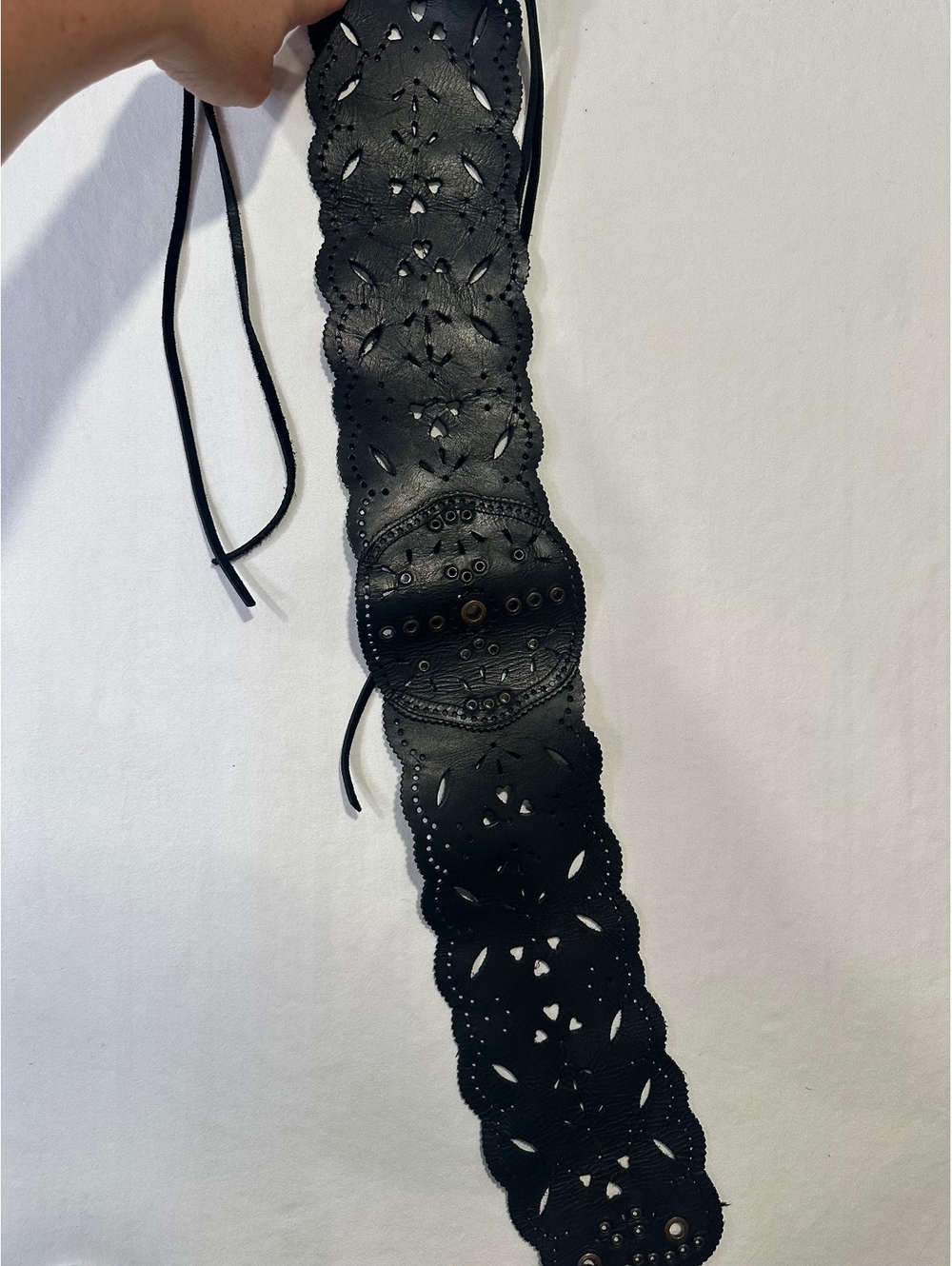 Black Leather Corset Belt Wide Perforated Cutout Lace Up Boho Western